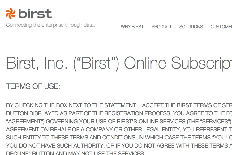 Screenshot of Birst Terms of Service