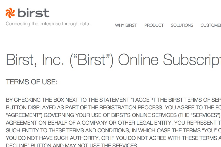Screenshot of Birst Terms of Service