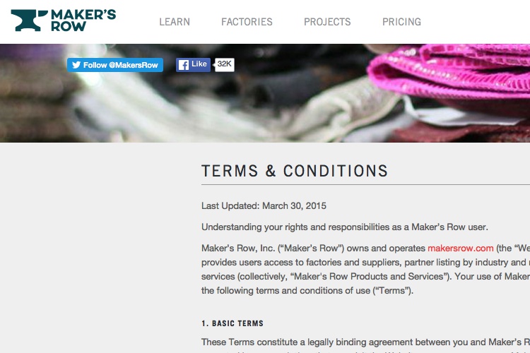 Screenshot of Makers Row Terms & Conditions