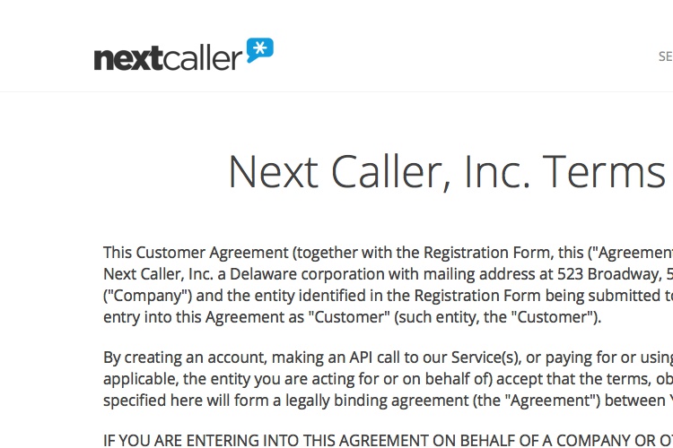 Screenshot of Next Caller Terms of Service