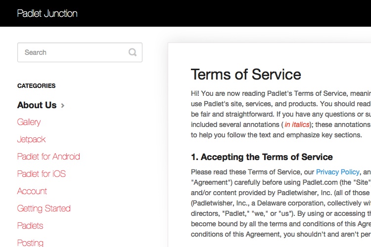 Screenshot of Padlet Terms of Service