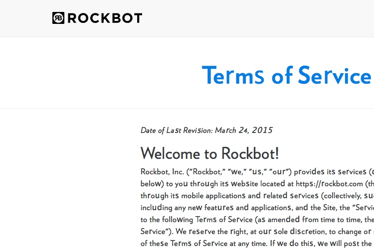 Screenshot of Rockbot Terms of Service