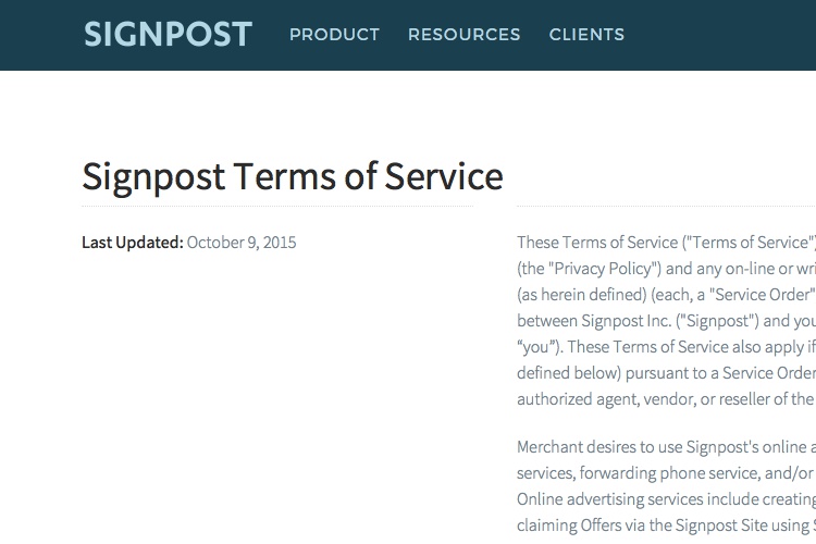 Screenshot of Signpost Terms of Service