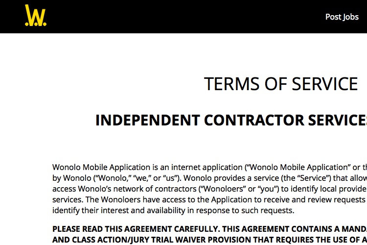 Screenshot of Wonolo Terms of Service